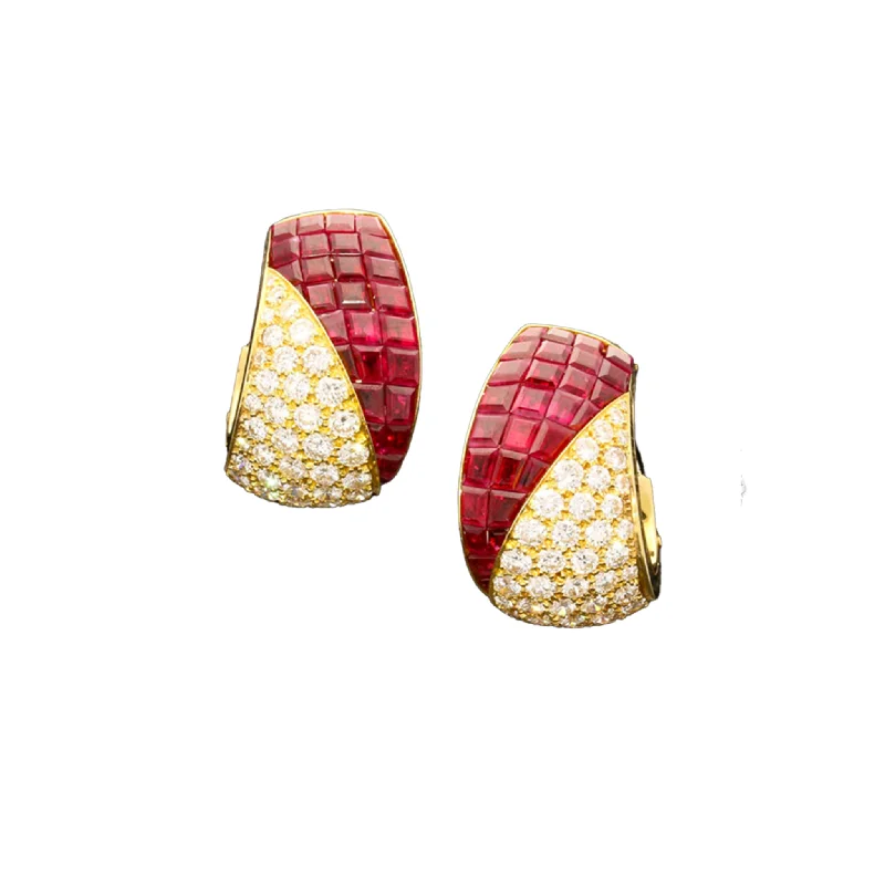 Van Cleef & Arpels 1980s 18KT Yellow Gold Ruby & Diamond Earrings