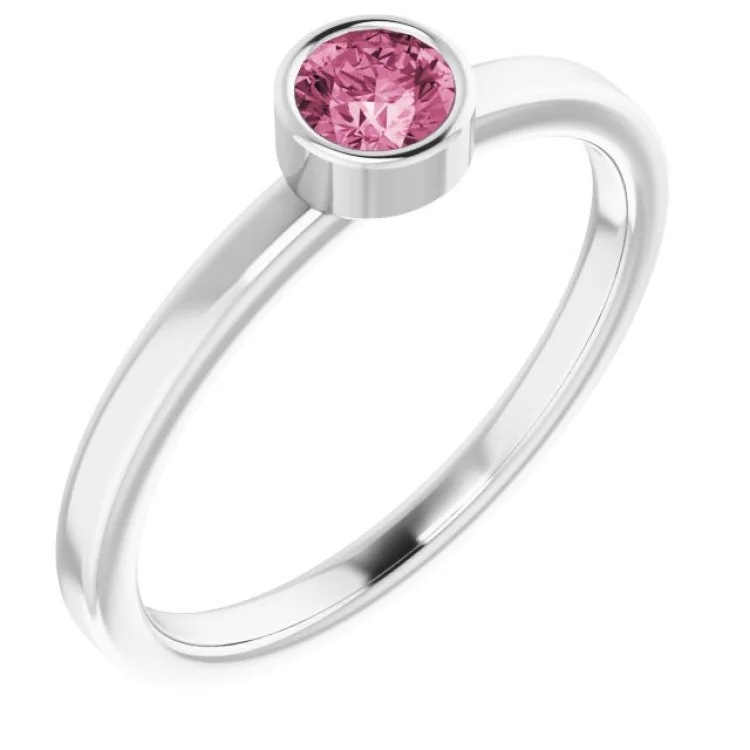 Rhodium-Plated Sterling Silver 4 mm Imitation Pink Tourmaline Ring