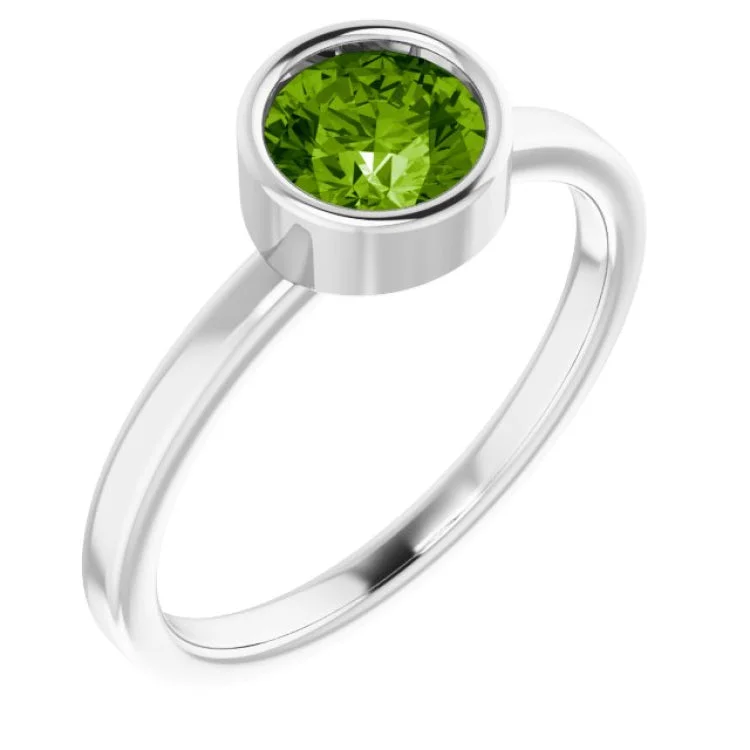 14K White 6 mm Natural Peridot Ring