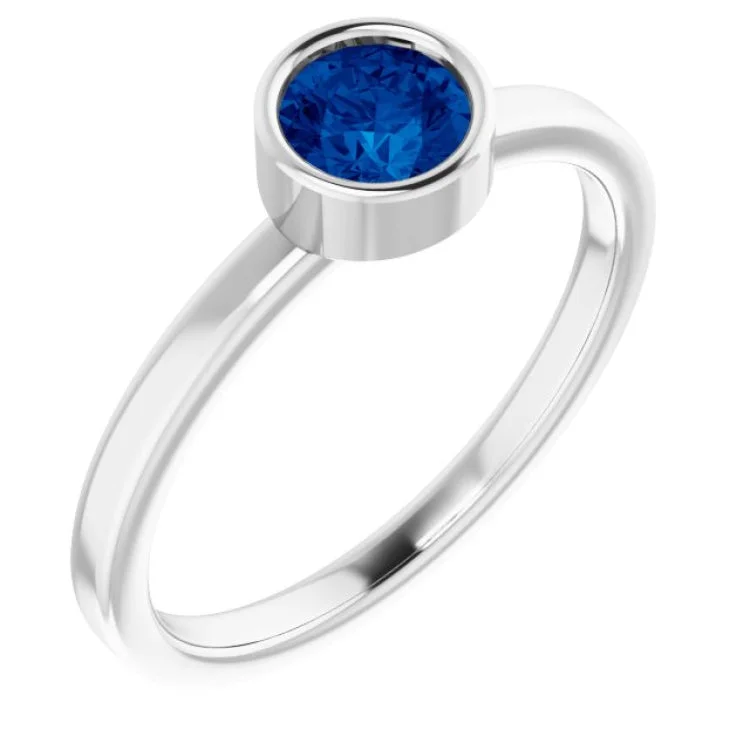 14K White 5 mm Natural Blue Sapphire Ring