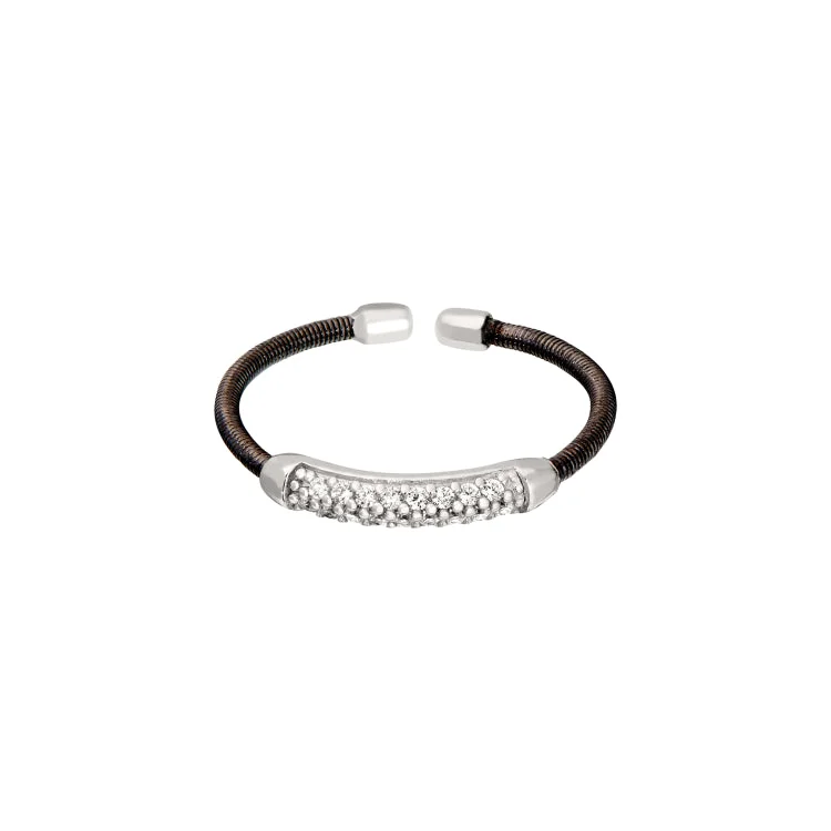 Black Rhodium Finish Sterling Silver Single Cable Cuff Ring with Rhodium Finish Double Row Simulated Diamonds