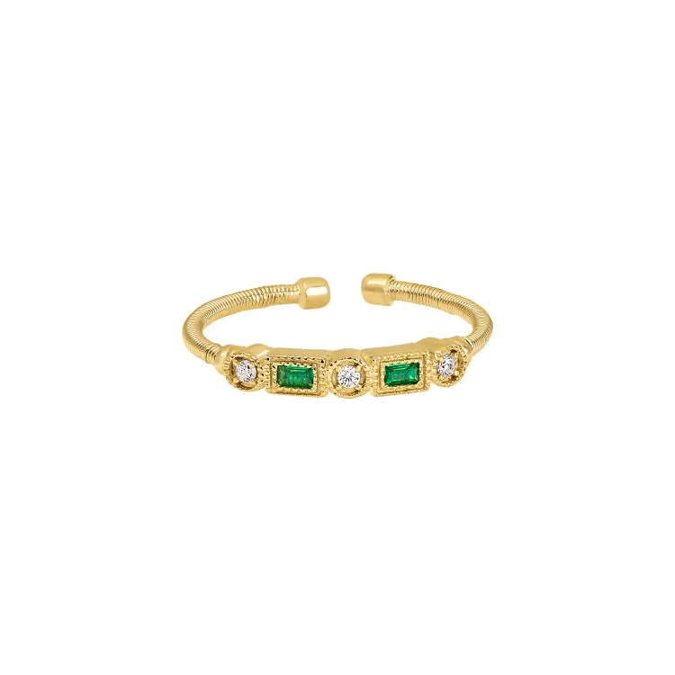 Gold Finish Sterling Silver Cable Cuff Ring with Simulated Emeralds and Simulated Diamonds