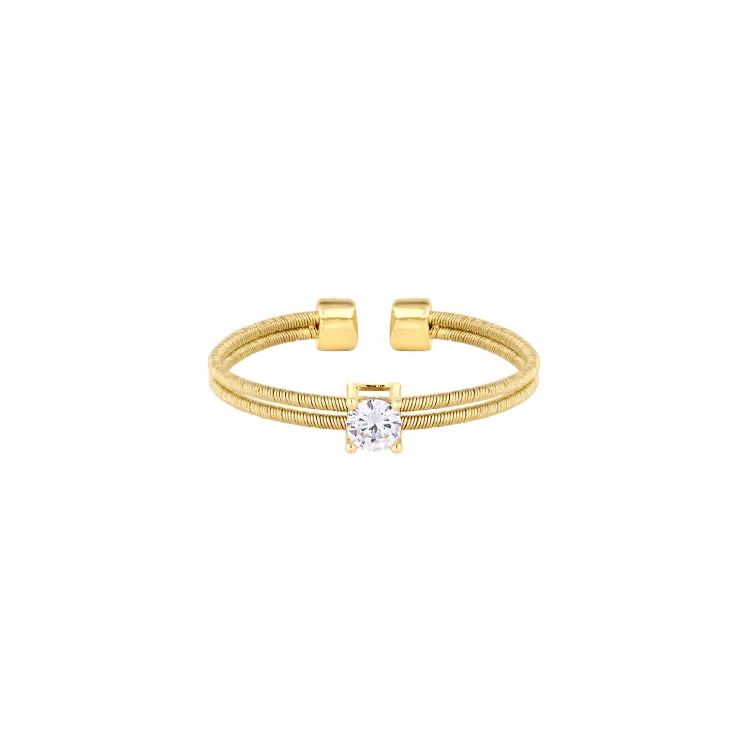 Gold Finish Sterling Silver Two Cable Cuff Ring with a Solitaire Simmulated Diamond