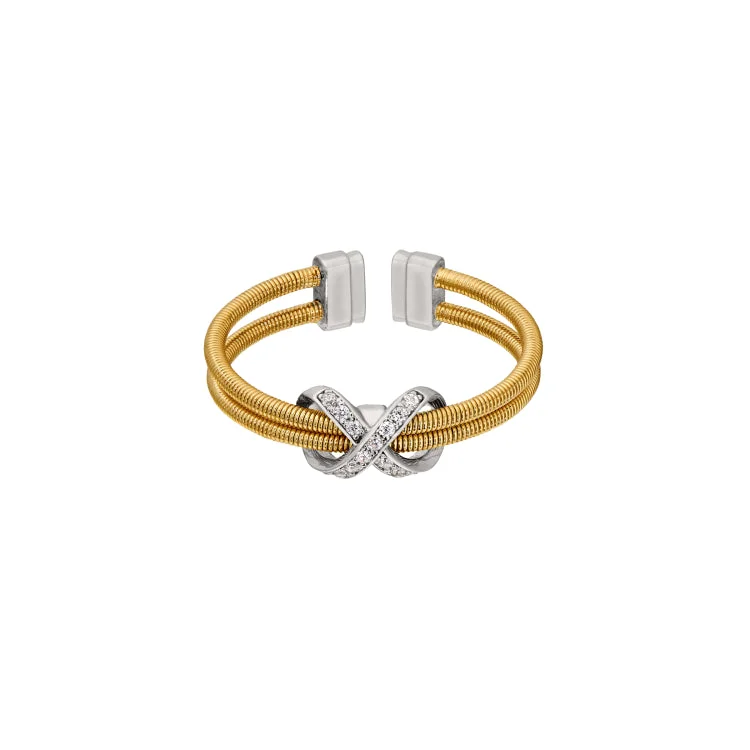 Gold Finish Sterling Silver Two Cable Cuff Ring with Rhodium Finish Simulated Diamond Infinity