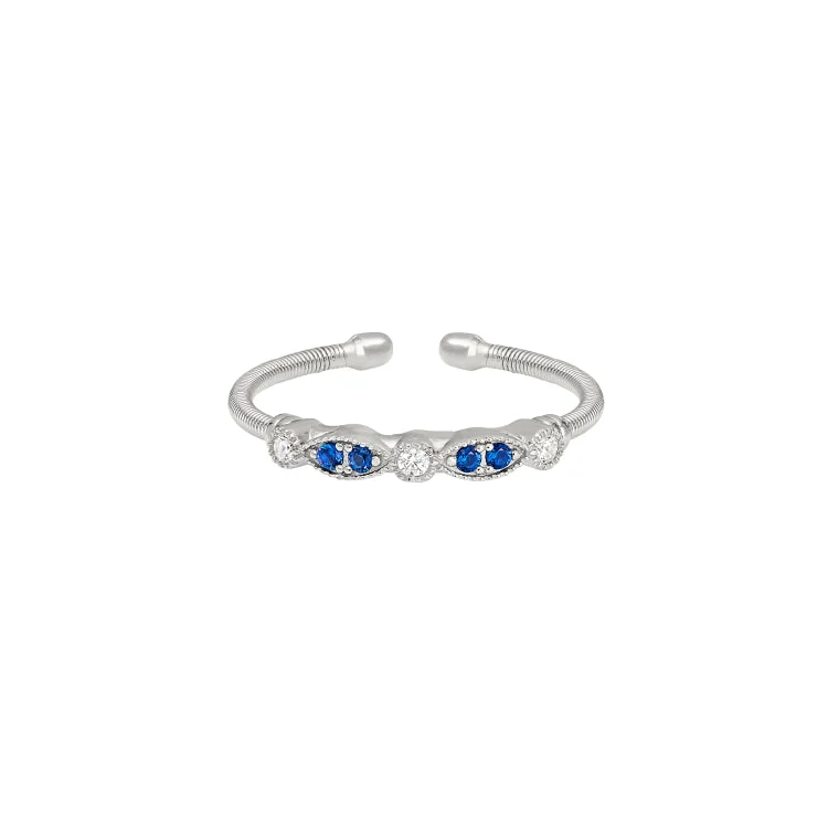 Rhodium Finish Sterling Silver Cable Cuff Ring with Simulated Blue Sapphire and Simulated Diamond Marquis & Round Design