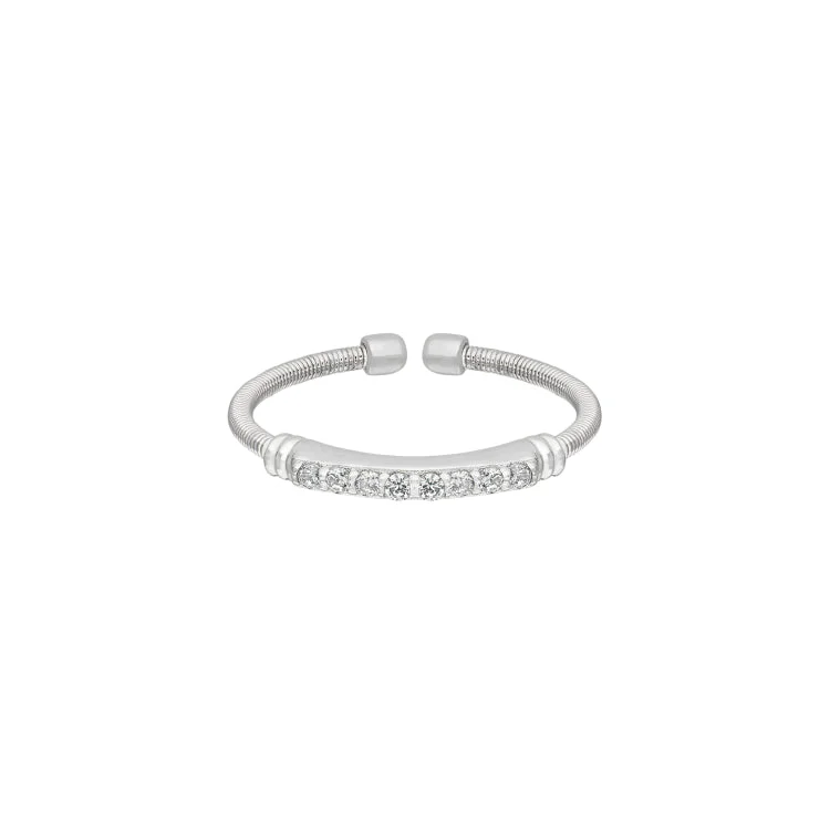 Rhodium Finish Sterling Silver Cable Cuff Ring with Simulated Diamond Birth Gems - April