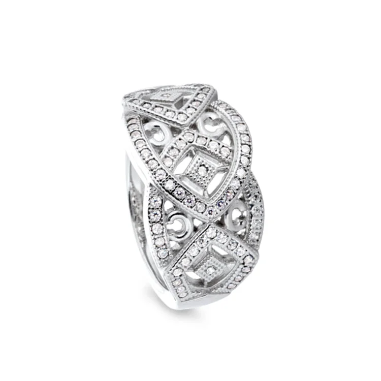 Platinum Finish Sterling Silver Micropave Art Deco Ring with 73 Simulated Diamonds