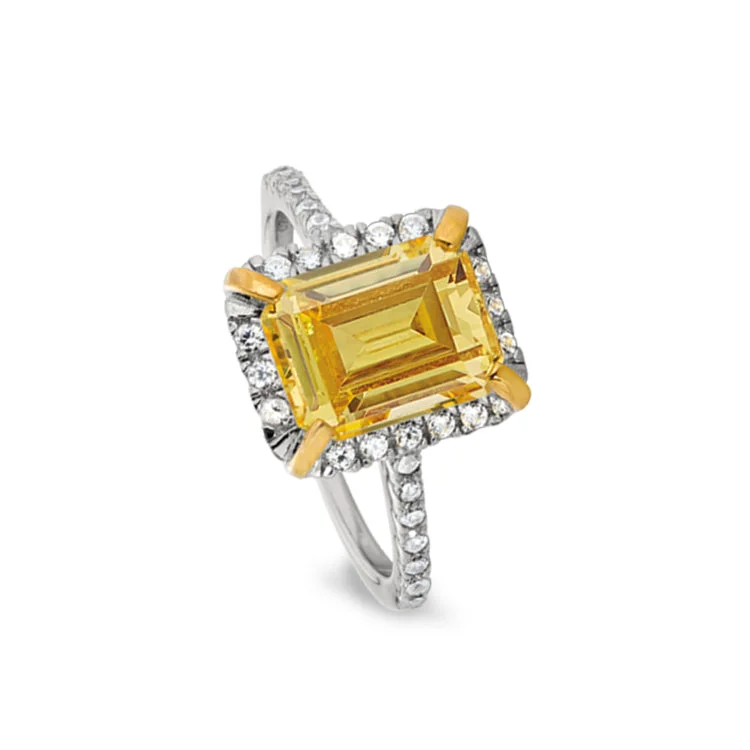 Platinum Finish Sterling Silver Vintage Ring with Emerald Cut Canary Stone & Simulated Diamonds