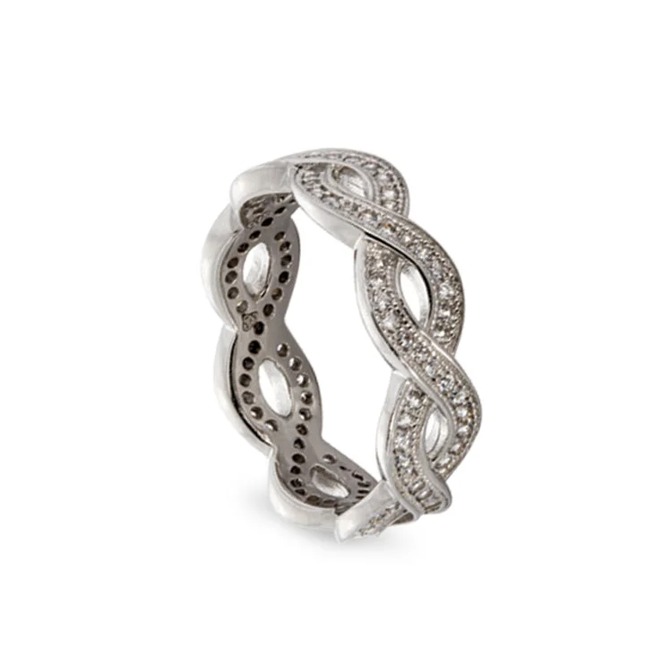 Platinum Finish Sterling Silver Micropave Twisted Ring with 104 Simulated Diamonds