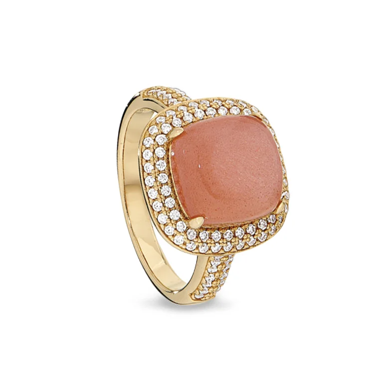 Gold Finish Sterling Silver Micropave Peach Quartz Ring with Simulated Diamonds