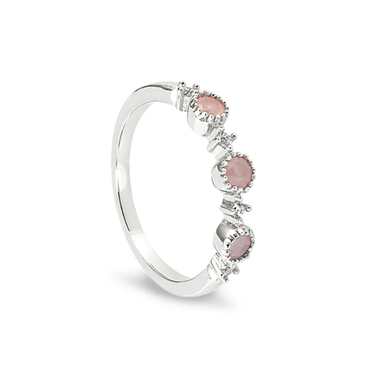 Platinum Finish Sterling Silver Pink 3 Stone Ring with Simulated Diamonds