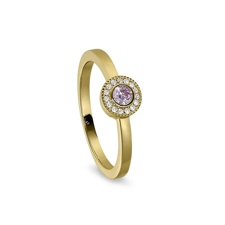 Gold Finish Sterling Silver Micropave Round Simulated Pink Sapphire Ring with Simulated Diamonds Size 4