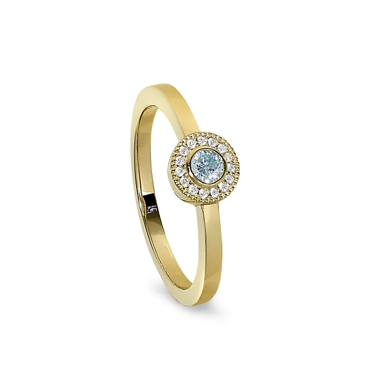 Gold Finish Sterling Silver Micropave Round Simulated Aquamarine Ring with Simulated Diamonds Size 4