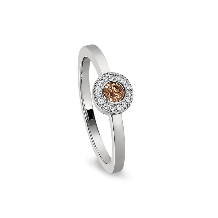 Platinum Finish Sterling Silver Micropave Round Simulated Citrine Ring with Simulated Diamonds Size 4