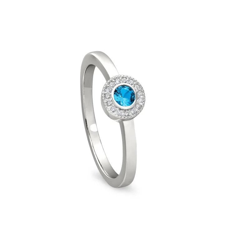 Platinum Finish Sterling Silver Micropave Round Simulated Blue Topaz Ring with Simulated Diamonds Size 4