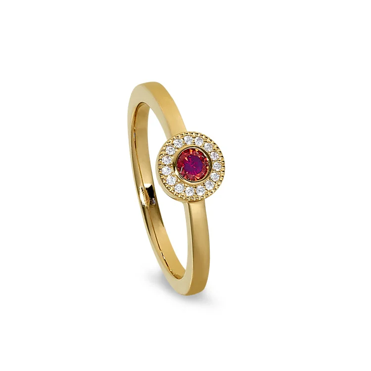 Gold Finish Sterling Silver Micropave Round Simulated Garnet Ring with Simulated Diamonds Size 5