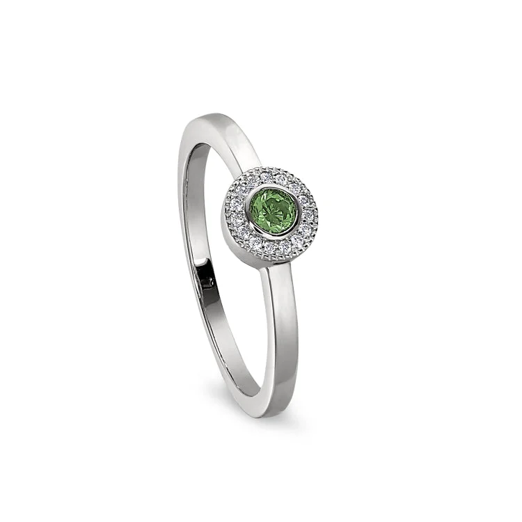 Platinum Finish Sterling Silver Micropave Round Simulated Peridot Ring with Simulated Diamonds Size 5