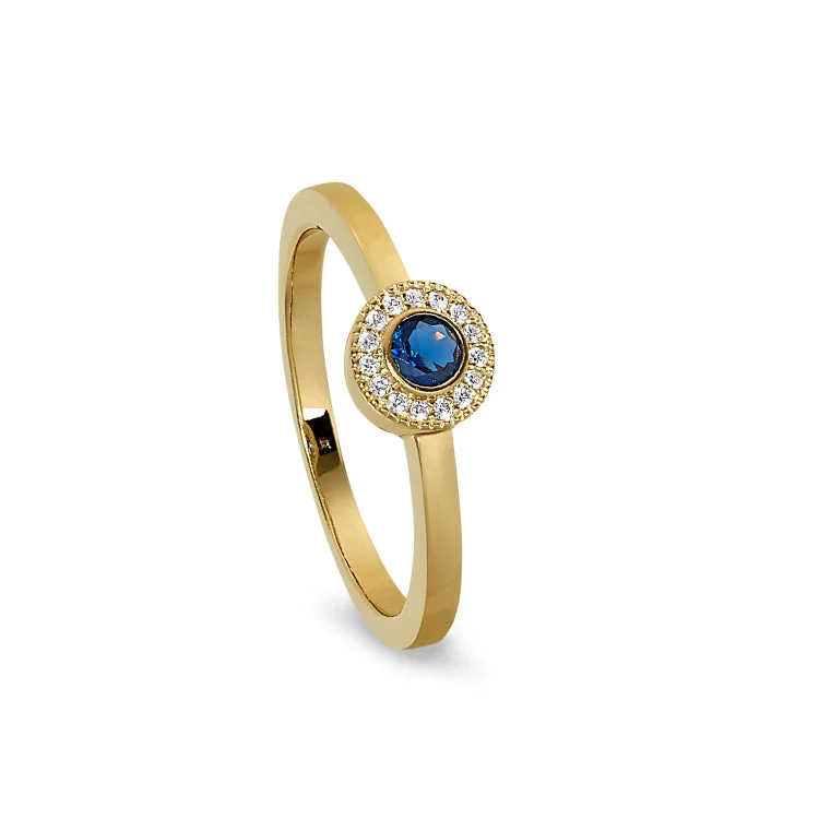 Gold Finish Sterling Silver Micropave Round Simulated Sapphire Ring with Simulated Diamonds Size 6