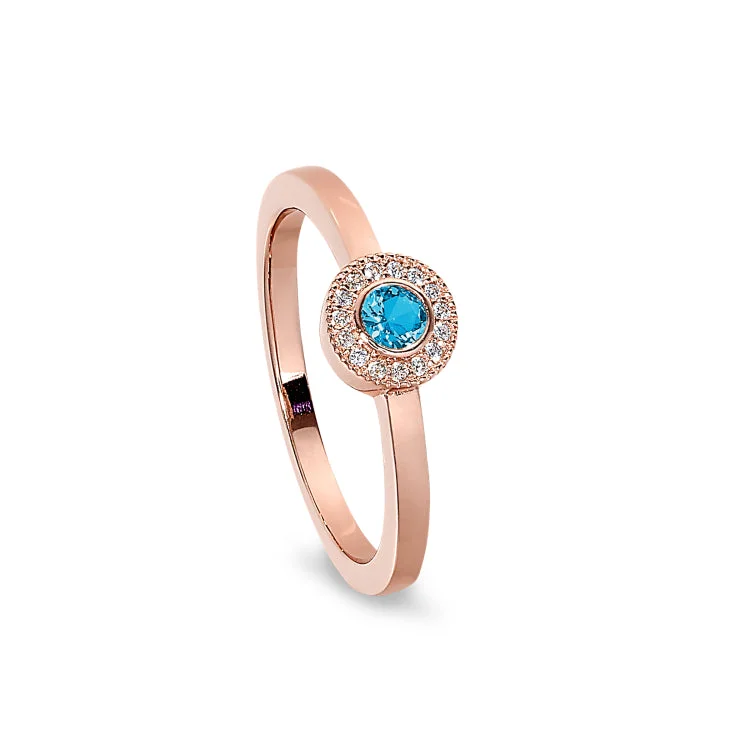 Rose Gold Finish Sterling Silver Micropave Round Simulated Blue Topaz Ring with Simulated Diamonds Size 6