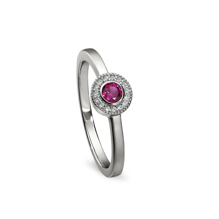 Platinum Finish Sterling Silver Micropave Round Simulated Ruby Ring with Simulated Diamonds Size 6