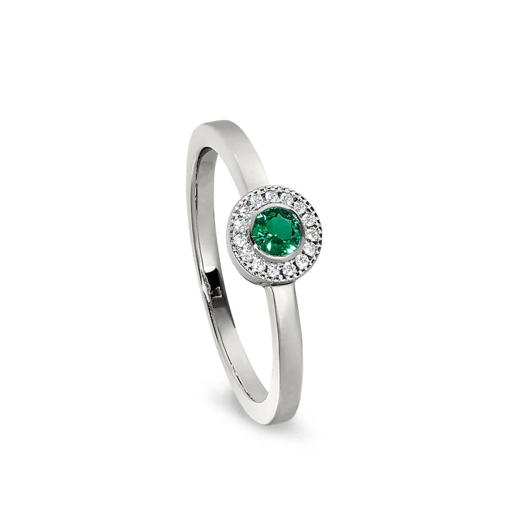 Platinum Finish Sterling Silver Micropave Round Simulated Emerald Ring with Simulated Diamonds Size 7