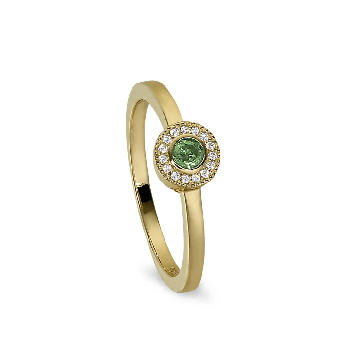 Gold Finish Sterling Silver Micropave Round Simulated Peridot Ring with Simulated Diamonds Size 8