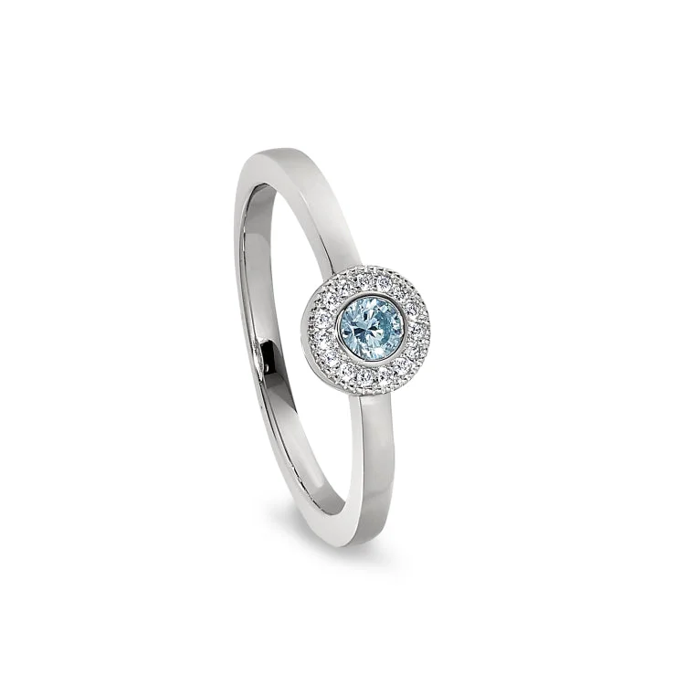 Platinum Finish Sterling Silver Micropave Round Simulated Aquamarine Ring with Simulated Diamonds Size 9