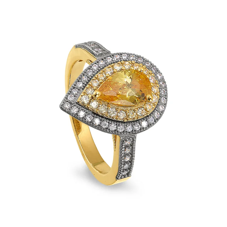 Gold and Platinum Finish Sterling Silver Micropave Pear Shaped Ring with a Canary Colored Stone and Simulated Diamonds