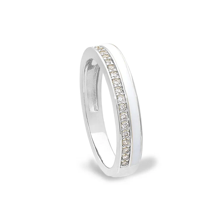 Platinum Finish Sterling Silver Micropave Ring with with White Enamel and Simulated Diamondss