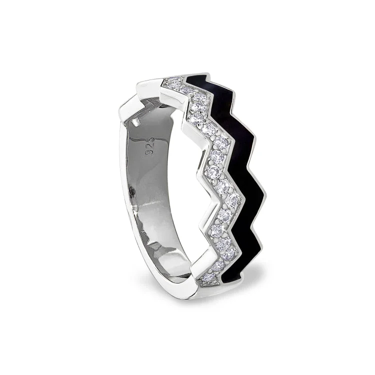 Platinum Finish Sterling Silver Micropave Ring with with Black Enamel and Simulated Diamondss