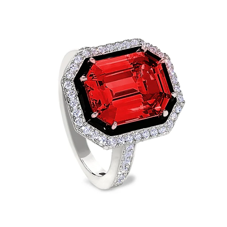 Platinum Finish Sterling Silver Micropave Black Enamel & Simulated Ruby Octagon Ring with Simulated Diamonds - Size 7