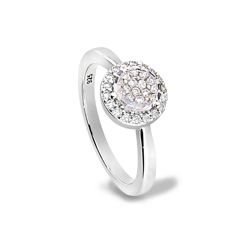 Platinum Finish Sterling Silver Micropave Round Ring with Simulated Diamonds -Size 8