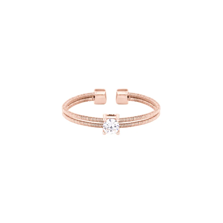 Rose Gold Finish Sterling Silver Two Cable Cuff Ring with a Solitaire Simmulated Diamond