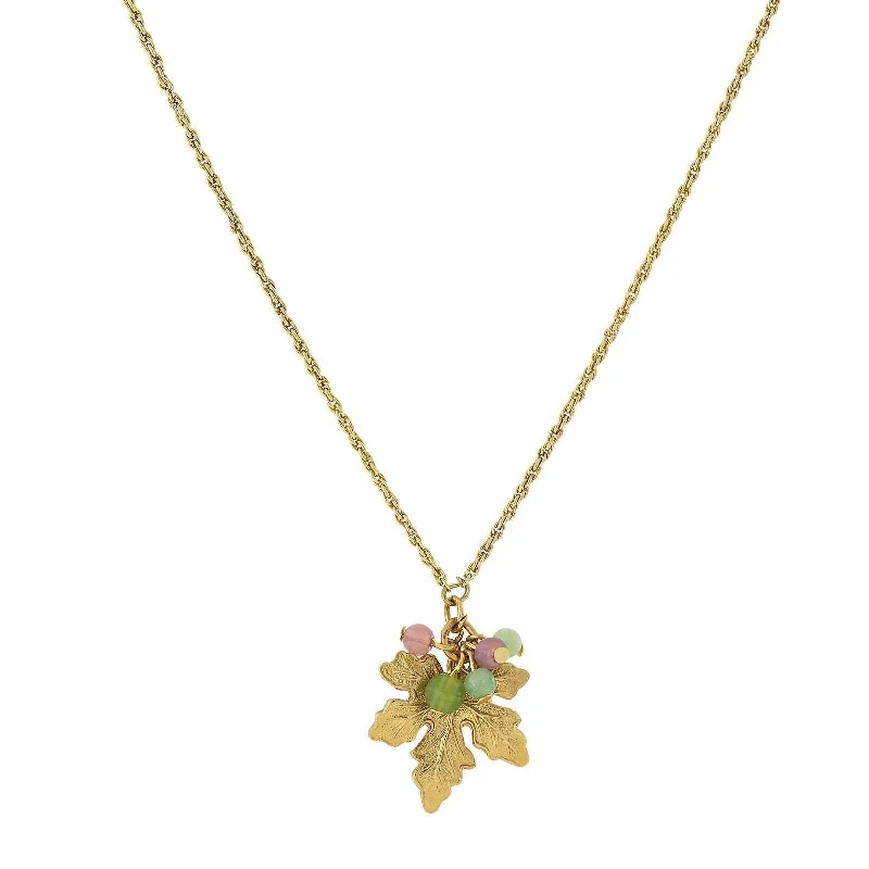 1928 Jewelry Winery Grape Leaf Pendant Necklace With Pink And Green Bead Accents 16" + 3" Extender