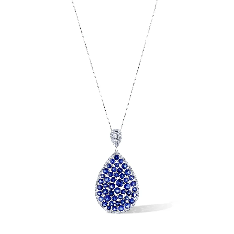 14K White Gold Pear Shape Pendant with Pave Blue Sapphires Necklace