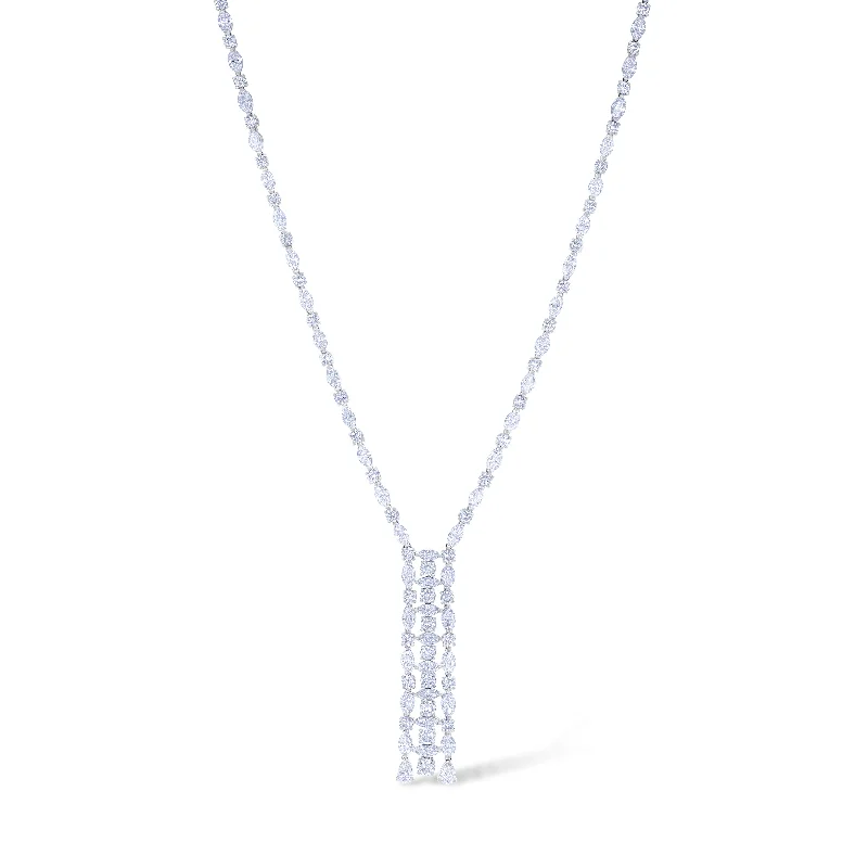 18K White Gold Alternating Diamond With Triple Line Drop Necklace