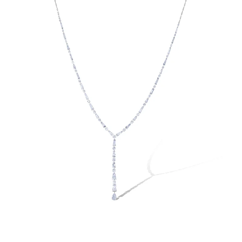 18K White Gold Mixed Cut Diamond Drop Necklace