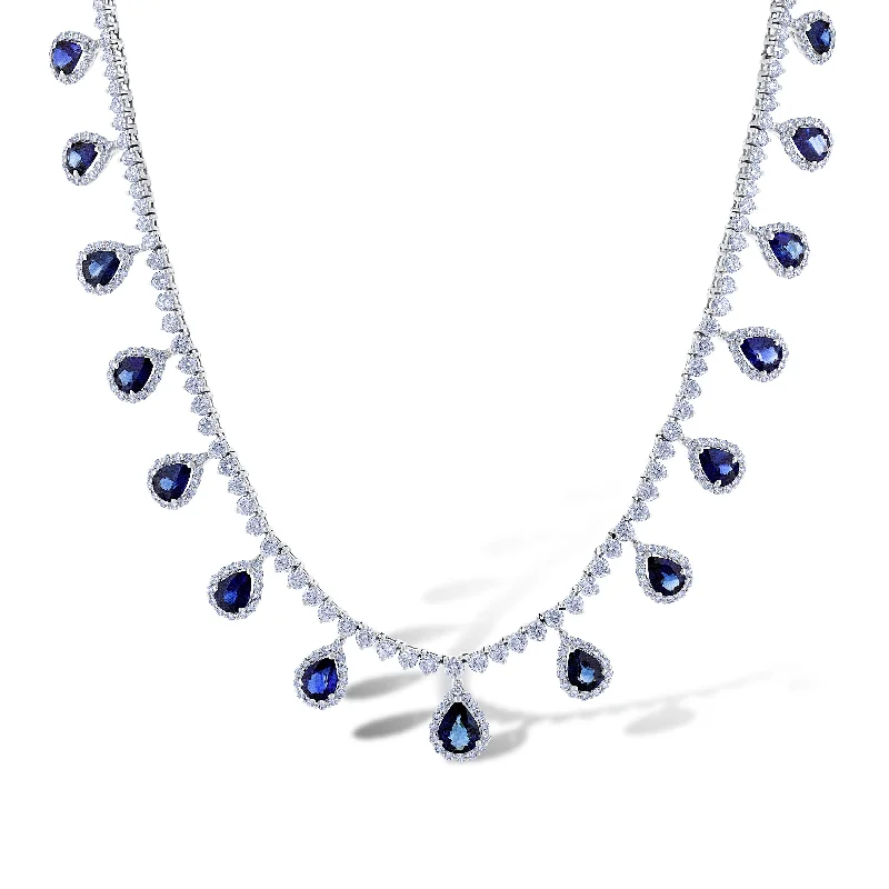 18K White Gold Pear Shaped Sapphire & Diamond Prong Set Eternity Necklace