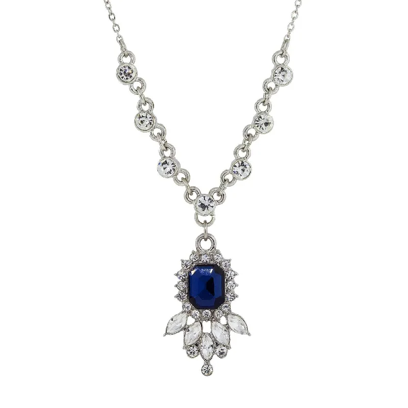 1928 Jewelry Bleu Estate Sapphire Crystal Pendant Necklace 16" + 3" Extender