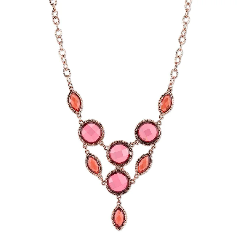 2028 Jewelry Pink-Orange And Raspberry Color Faceted Bib Necklace 16" + 3" Extender