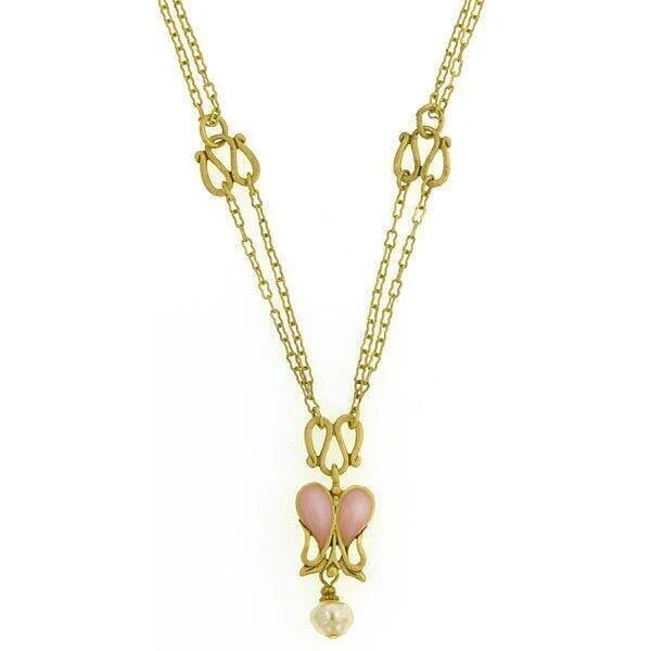 Antiquities Couture Heartbeat Boutique Pink Enamel & Baroque Faux Pearl Pendant Necklace 18"