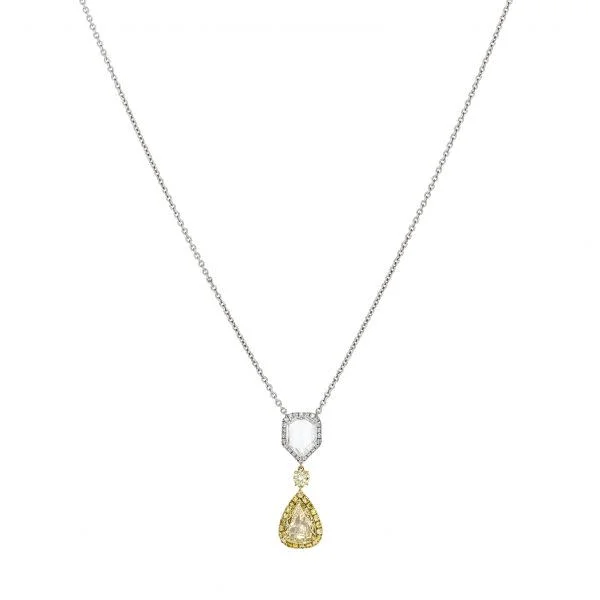 Platinum Pear Shaped Yellow Diamond And Rose Cut Diamond Halo Necklace