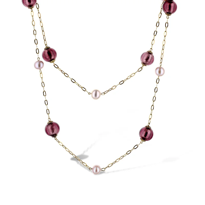 Purple Venetian Glass And Pearl Necklace