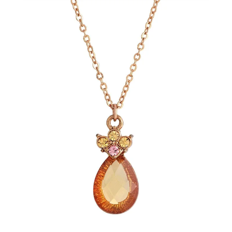 1928 Jewelry Rose Pink Crystal Teardrop Pendant Necklace 16" + 3" Extender