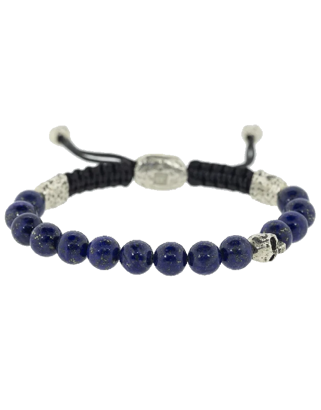 Silver Skull and Lapis Bead Bracelet