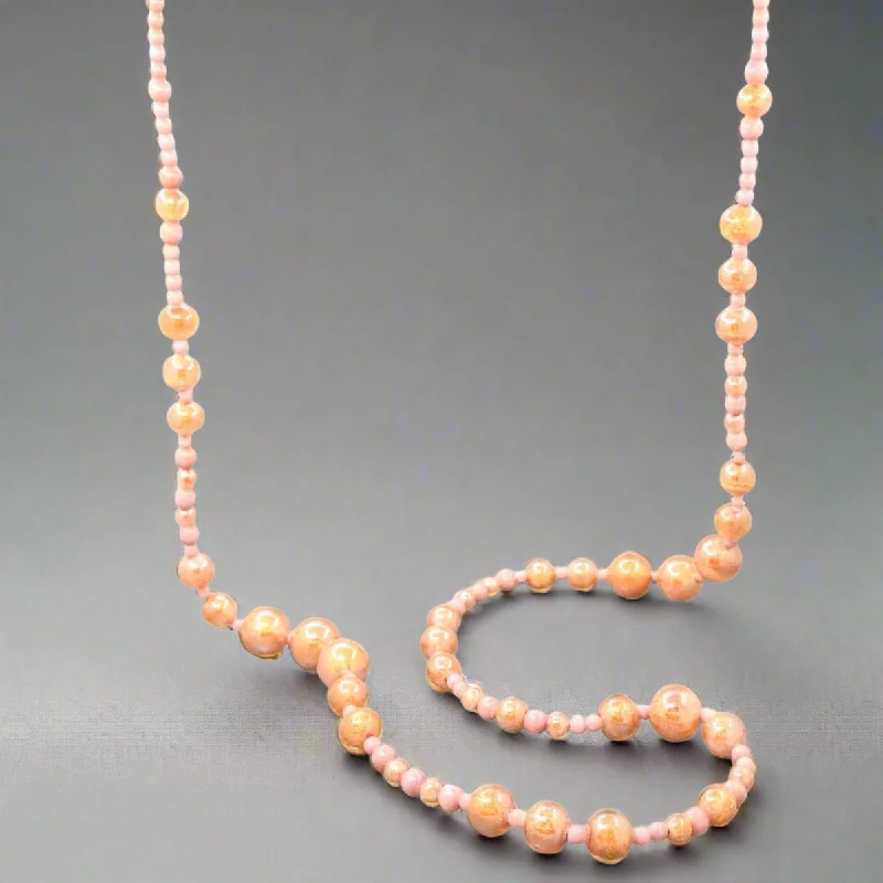 STST Peachy Pink Orange Murano Glass 37” Beaded Necklace