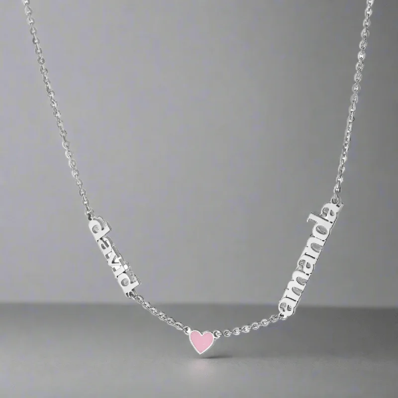 SS 18" Necklace w 2 Names and Enamel Heart