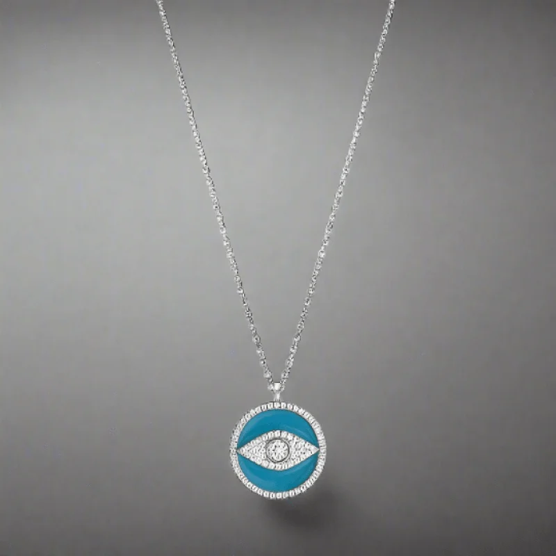 SS CZ Blue Enamel Round Guardian Eye Necklace