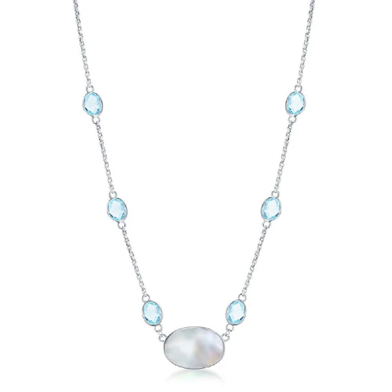 SS Oval Blue Topaz and Mother Of Pearl Necklace