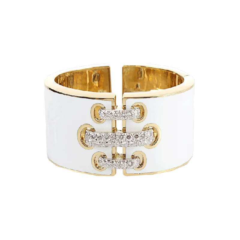 White Enamel Bracelet with Diamond Shoe Lace Detail